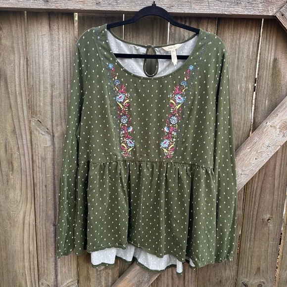 Matilda Jane Green Pin Dot Through Generations Bubble Sleeve Jersey Knit Blouse - Picture 2 of 8